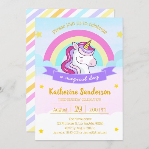 Rainbow Unicorn Magical Girls Pastels Birthday Invitation