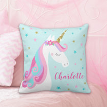 Rainbow Unicorn Magical Glitter Aqua Throw Pillow
