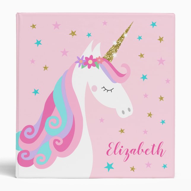 Rainbow Unicorn Magical Glitter Pink 3 Ring Binder (Front)