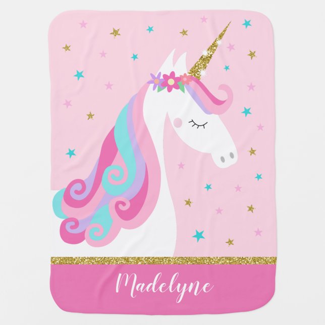 Rainbow Unicorn Magical Glitter Pink Baby Blanket (Front)