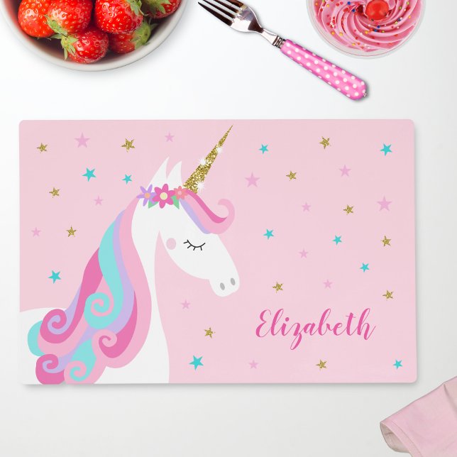 Rainbow Unicorn Magical Glitter Pink Placemat (Creator Uploaded)