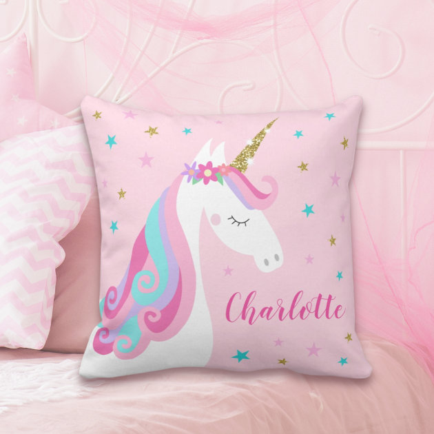 Rainbow Unicorn Magical Glitter Pink Throw Pillow Zazzle