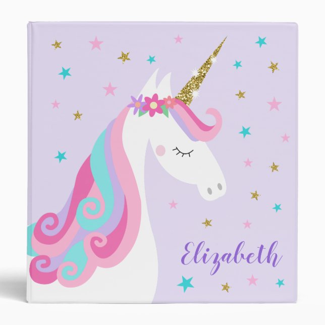 Rainbow Unicorn Magical Glitter Purple 3 Ring Binder (Front)