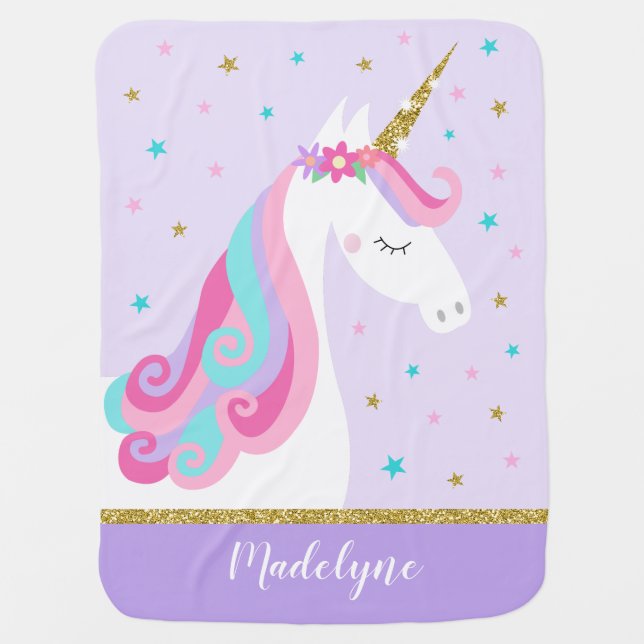 Rainbow Unicorn Magical Glitter Purple Baby Blanket (Front)