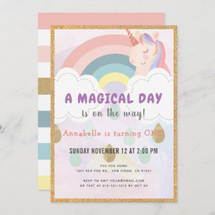 Rainbow & Unicorn Magical Gold Birthday Invitation