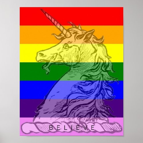 Rainbow Unicorn Magical LGBT Gay Pride Believe Poster