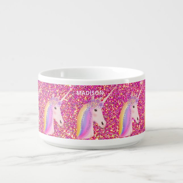 Rainbow Unicorn Magical Pink Glitter Personalized Bowl (Center)