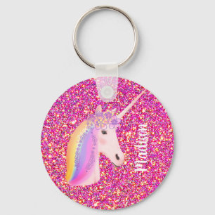 Rainbow Unicorn Magical Pink Glitter Personalized Keychain