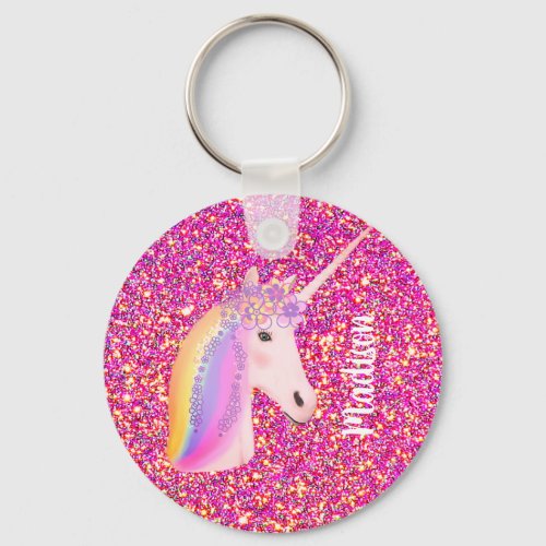 Rainbow Unicorn Magical Pink Glitter Personalized Keychain
