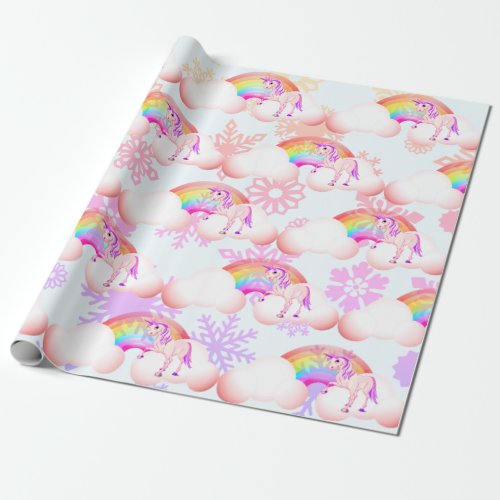 Rainbow Unicorn Magical Purple Snow Flakes Cute Wrapping Paper