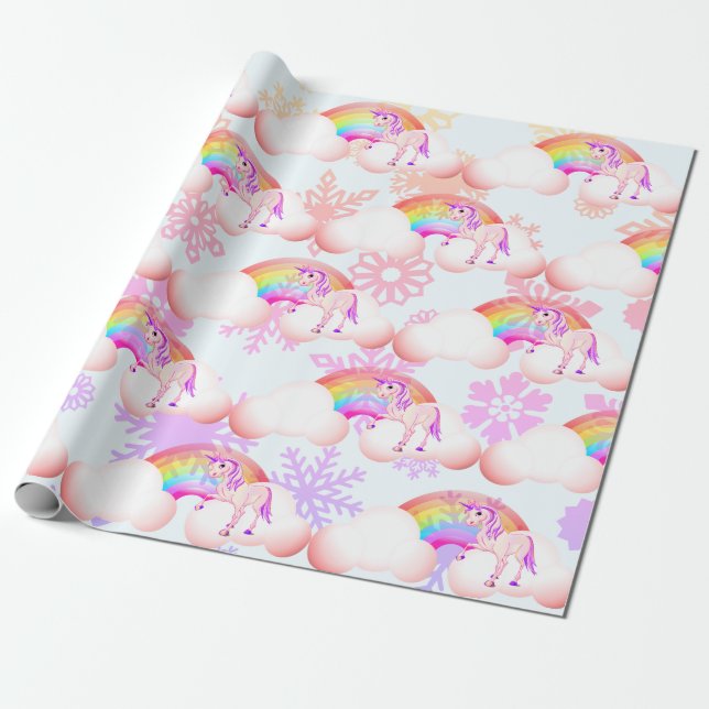Rainbow Unicorn Magical Purple Snow Flakes Cute Wrapping Paper (Unrolled)
