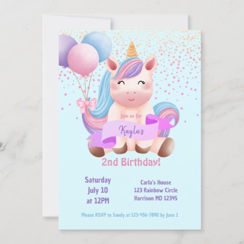 Rainbow Unicorn Magical Second Birthday Invitation