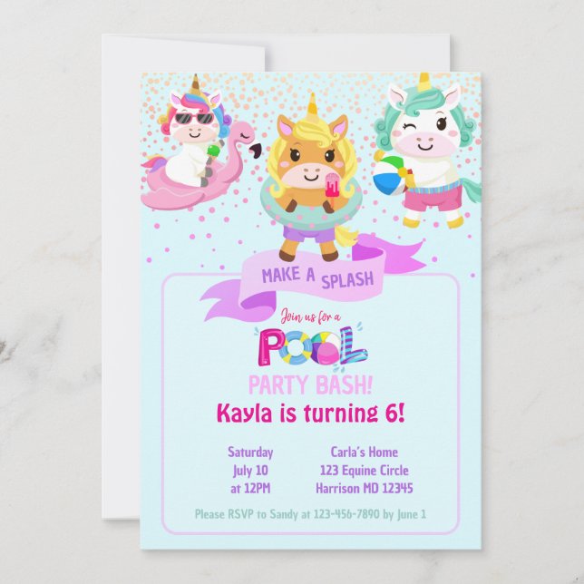 Rainbow Unicorn Make A Splash Pool Party Invitation (Front)