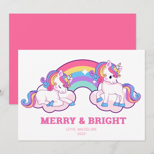 Rainbow Unicorn Merry and Bright Christmas Holiday Card (Front/Back)