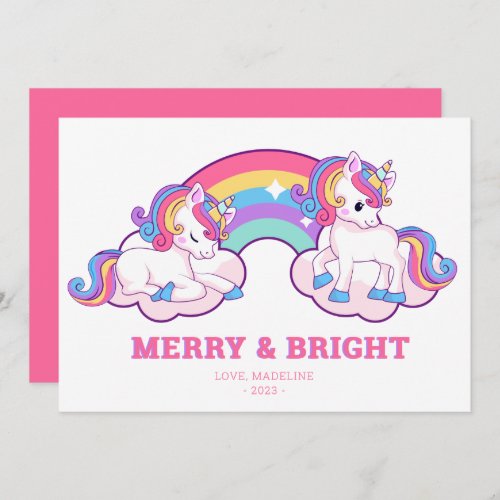 Rainbow Unicorn Merry and Bright Christmas Holiday Card