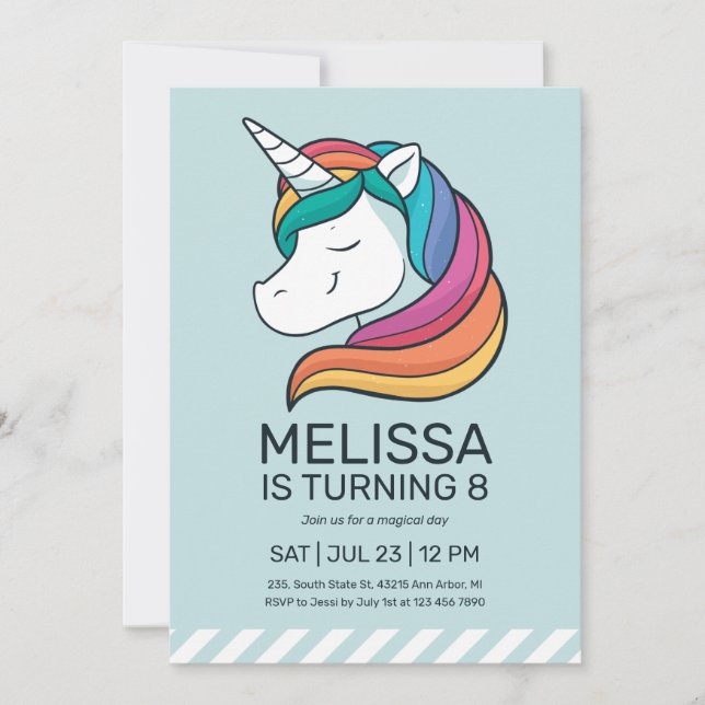 Rainbow Unicorn Mint Green Girl Birthday Invitation (Front)