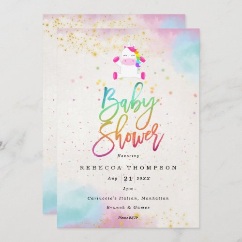 rainbow unicorn modern baby shower invitation