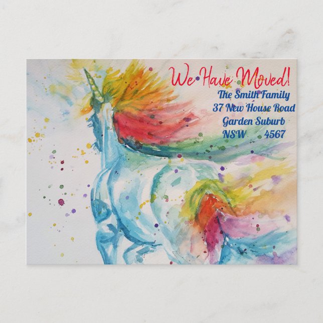Rainbow Unicorn New Address Postcard We Are Moving (Front)