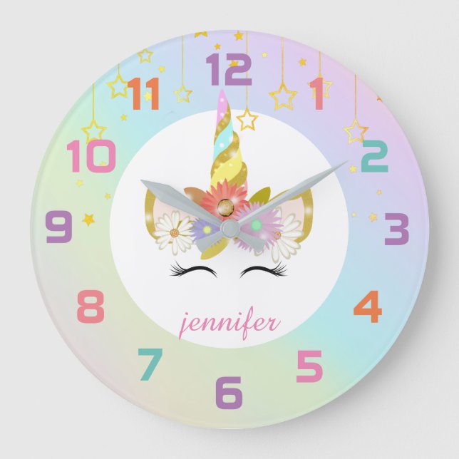 Rainbow Unicorn Nursery Decor Wall Clock (Front)