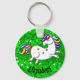 Rainbow Unicorn on Green Glitter Keychain