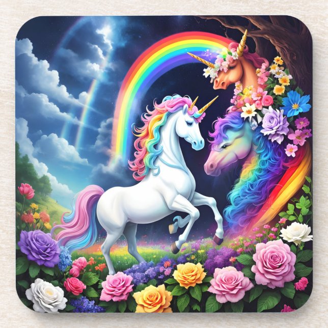 Rainbow Unicorn One Beverage Coaster (Front)