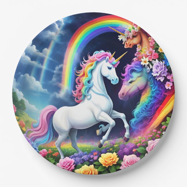 Rainbow Unicorn One Paper Plates (Front)
