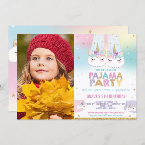 Rainbow Unicorn Pajama Birthday Party Photo Invitation