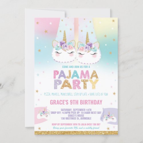 Rainbow Unicorn Pajama Birthday Party Pyjama Invitation