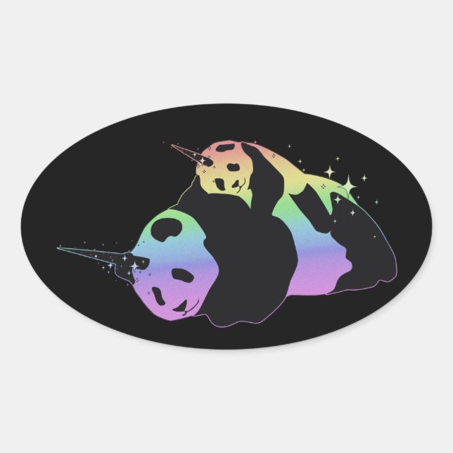Rainbow Unicorn Pandas Magic Sparkle Cuddle Oval Sticker (Front)