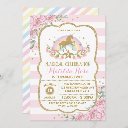 Rainbow Unicorn Party Birthday Invite Pink Floral