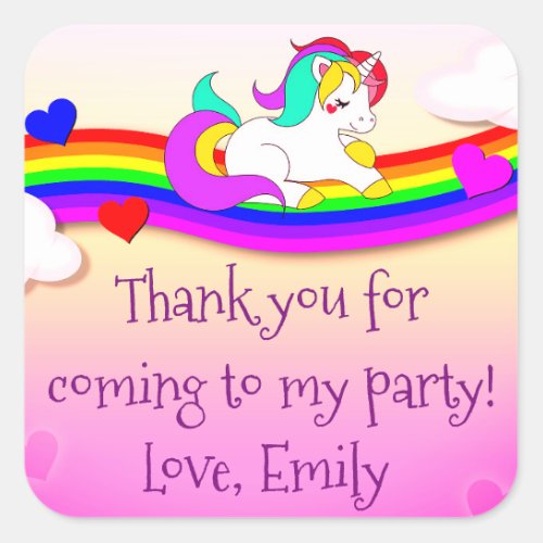 Rainbow Unicorn Party Favor Square Sticker