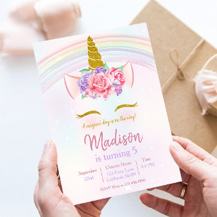 Rainbow Unicorn Party Girl Birthday Invitation