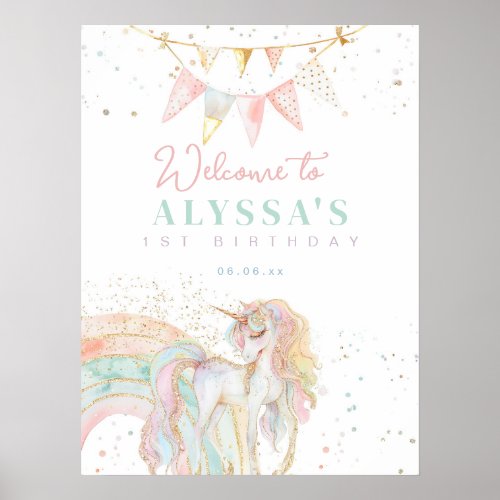 Rainbow Unicorn Pastel Birthday Party Welcome Poster