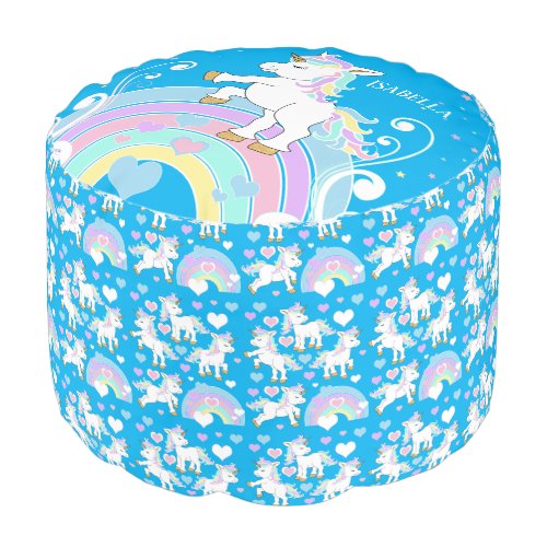 Rainbow Unicorn Pattern on Blue Pouf