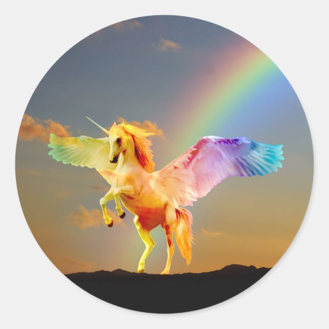 Rainbow unicorn pegasus classic round sticker (Front)