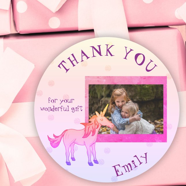 Rainbow Unicorn Personalizable Photo Thank you Classic Round Sticker (Creator Uploaded)