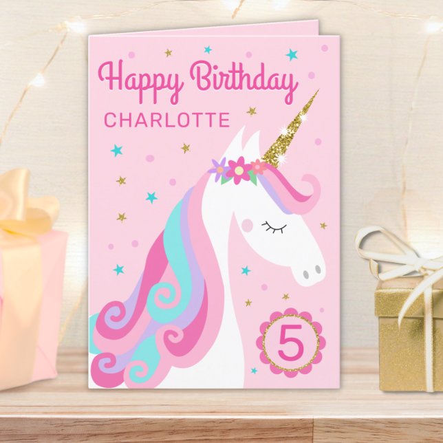 Rainbow Unicorn Personalized Age Pink Birthday Card