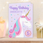 Rainbow Unicorn Personalized Age Purple Birthday Card<br><div class="desc">This birthday card features a cute whimsical unicorn design with faux gold glitter. The inside of the card has bunting and confetti. Personalize this card with a name and age on the front and your birthday message inside.</div>