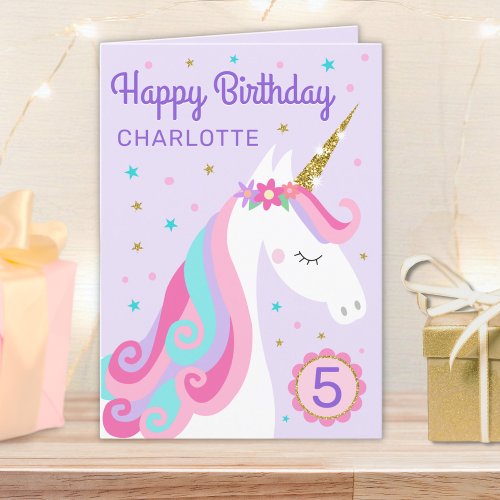 Rainbow Unicorn Personalized Age Purple Birthday Card