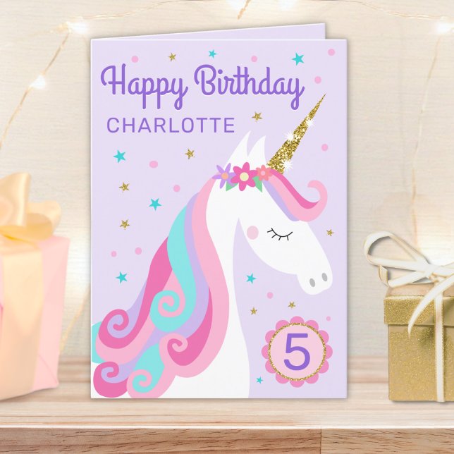 Rainbow Unicorn Personalized Age Purple Birthday Card (Creator Uploaded)