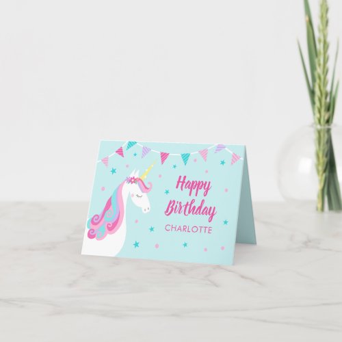 Rainbow Unicorn Personalized Aqua Pink Birthday Card