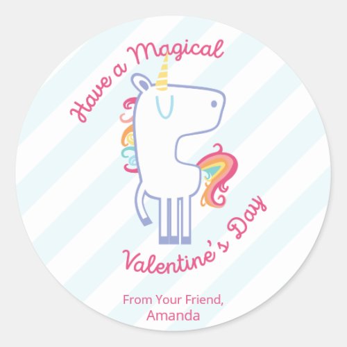 Rainbow Unicorn Personalized Valentine Classic Round Sticker