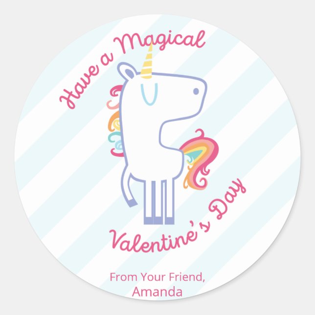 Rainbow Unicorn Personalized Valentine Classic Round Sticker (Front)