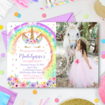 Rainbow Unicorn Photo Invitation Photo Rainbow
