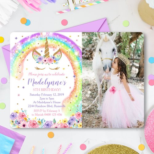 Rainbow Unicorn Photo Invitation Photo Rainbow