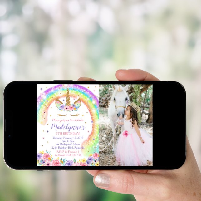 Rainbow Unicorn Photo Invitation Photo Rainbow (Front Digital)