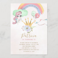 Rainbow unicorn pink and gold girls birthday party invitation