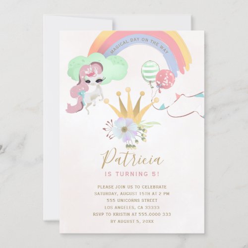 Rainbow unicorn pink and gold girls birthday party invitation