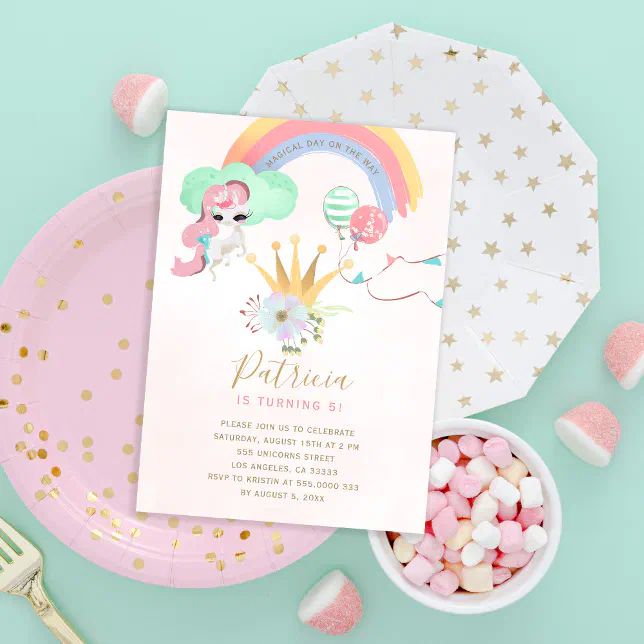 Rainbow unicorn pink and gold girls birthday party invitation | Zazzle