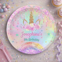 Rainbow Unicorn pink aqua birthday round